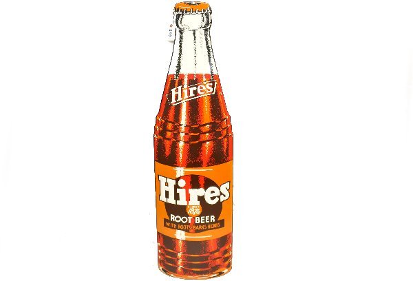 Large Hires Rootbeer Bottle Tin Sign: 15 X 67 1/2" litho tin embossed sign, great shape! It is clean & shiny with a few scuffs and scratches. Shows light signs of use & age. .