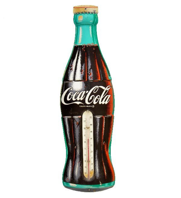 Large Coca-Cola Bottle Thermometer: 9 1/2 X 29" embossed lithographed tin with mercury thermometer. Fairly clean with minor edge wear.