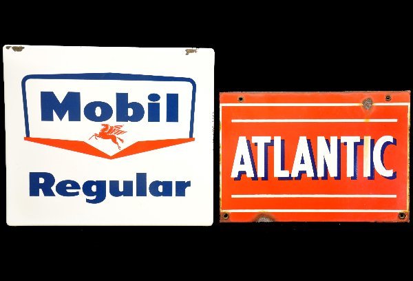 Mobil & Atlantic Metal Gas Signs: 13 X 9" Atlantic porcelain sign, showing moderate signed of use & age; 13 1/2 X 12 Mobil Regular Gas pump enameled sign, showing light signs of use & age. .