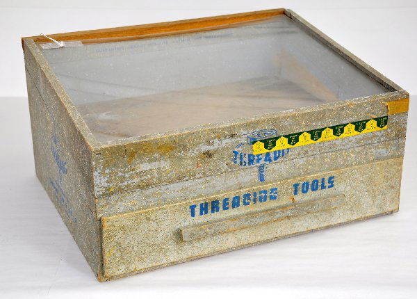 Threading Tools Display Case: 18 X 14 X 9, painted pressed board case with plastic window. For Threadit Tap & Die Co. Vermont. One lower drawer, shows moderate signs of use & age. .