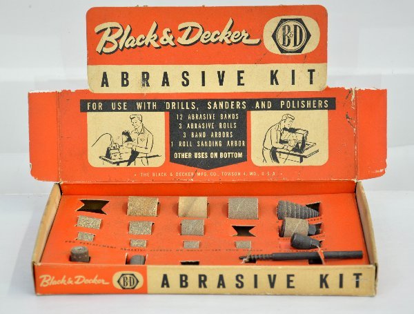 Black & Decker Abrasive Kit U-1003: Circa 1955. 11 X 7 X 1". Nice store display for sanding tools. Just missing 3 pieces with display box & insert. .