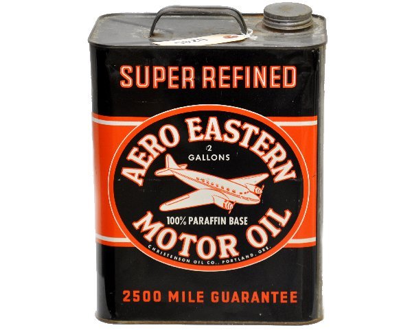 Scarce Aero Eastern Motor Oil Can: Nice 2-gallon can, circa 1940s using a C47 Douglas DC-3 as graphic. It is clean & shiny, showing some chrome wear. .