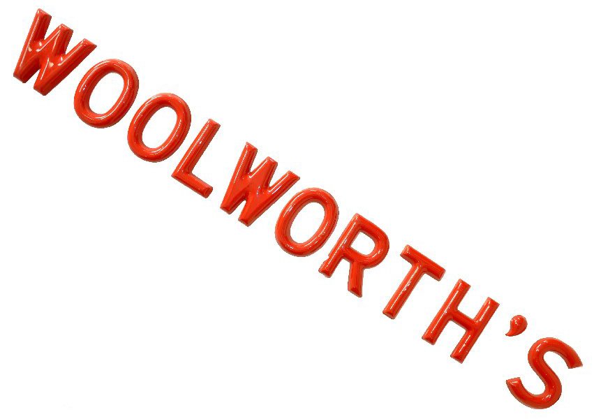 Vintage Woolworths Sign: 72 X 9", plastic letters mounted on clear stringer, "R" has a small chip, otherwise shows light signs of age and use. (Should be crated for safety)