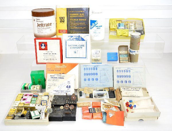 Vintage Dental Tools Lot: Came with the previous cabinet. Includes many drill bits, a lot still in their original packaging along with mold making chemicals and boxes. .
