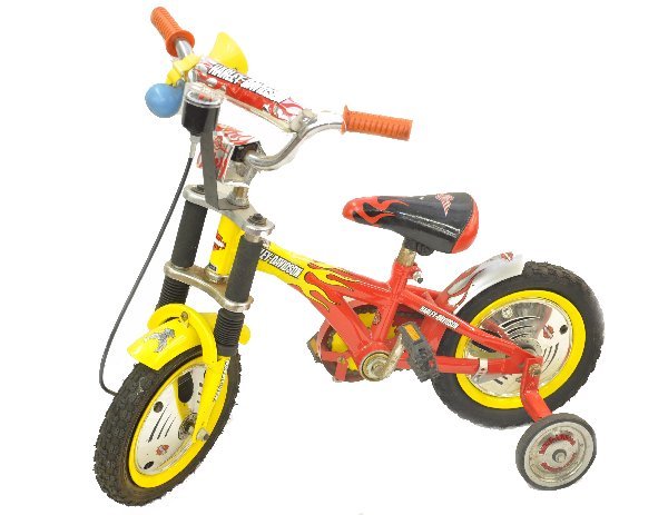 Harley Davidson Childs Bicycle: Seat height is 18". Nicely designed bike, made in China, covered in Harley Davidson decals and insignias. Still retains many child warning labels. Motorcycle styling with solid wheel hubs and speedome