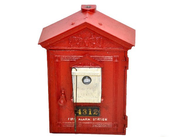Early Fire Alarm Box: 12 X 7 X 17" painted cast iron with key. Embosses Game Well, Newton, MA. Shows moderate signs of use & age. .