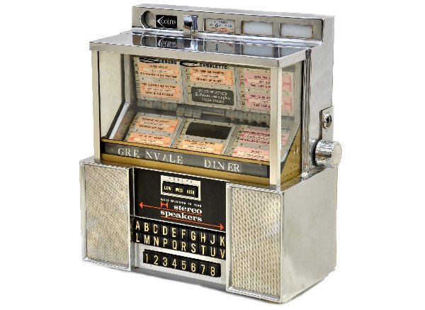 Seaburg SCI Diner Juke Box: 15 X 6 1/2 X 15". Circa 1960s, 25 cents for two songs of album side. Stereo speakers, showing light to moderate signs of use & age.