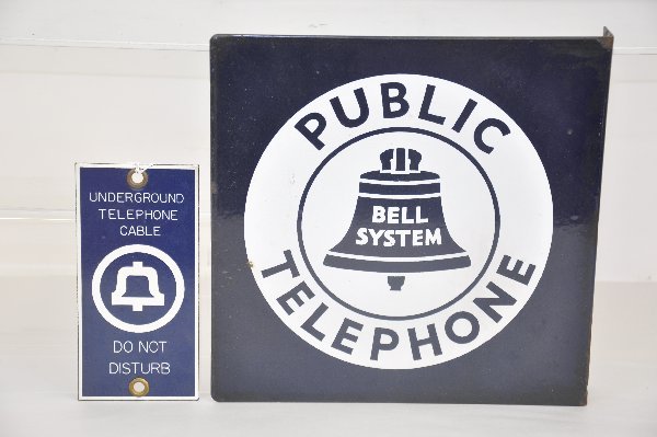 2 Bell Telephone Porcelain Signs: 11 X 11" 2-color, 2-sided porcelain sign with flange; 3 1/2 X 7" Do Not Disturb Cable porcelain sign with grommets. Both are clean & shiny and show signs of use & age.
