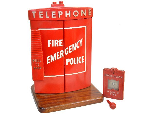 Fire/ Police Emergency Call Box: Pre dates 911, 12 X 16" pole hanging cast metal case, pull handle exposes phone. This was a demonstrator model, unused, mounted on wooden base, Plus a 4 X 6 Fire Alarm Plate, marked Meriden, CT, handl