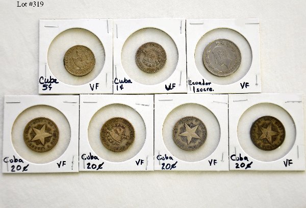 7 Foreign Coins From Cuba & Ecuador: Cuba includes 1916- 20 centavos; 3 #1915- 20 centavos, 1 high; 1920 5 centavos, 1946-1 centavos; 1946-5 centavos; Ecuador 1937-1 Sucre, most, in our opinion, are VF. Examine photos or call for more in