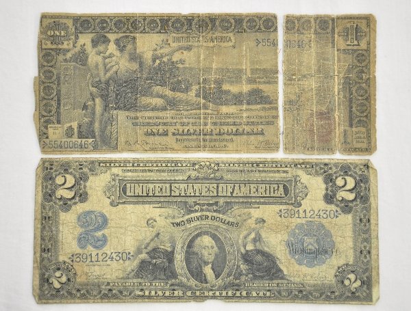 2 Early US Silver Certificates: 1899 with nice color, but heavily wrinkled & some edge wear; 1896 with rich color on face, some folds and 25% full separation. Grades are our opinion so examine photos or call for more information (20