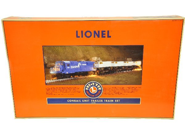 Boxed Lionel 21752 Conrail Trailer Train: Conrail Dash 8-40 Diesel with Dual Motors, Command, RailSounds, CrewTalk, TowerCom, Ditch Lights & more; 26592 through 26595 Flat Cars with J.B. Hunt Trailers. Boxes & set box, C9