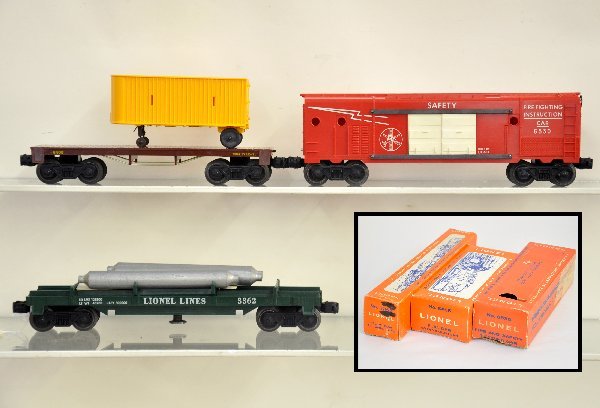 3 Boxed Late Lionel Freight Cars: 3362 Helium tank unloader with instructions; 6405 Flat with van, unrun; 6530 fire safety boxcar, ob taped. All are like new with original boxes, C8-9