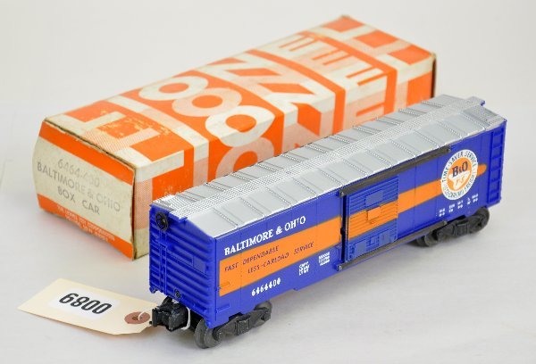 NMint Boxed Lionel 6464-400 Boxcar: Nice reissue of the B&O boxcar, type IV body, clean & unrun. Scarce Hillside box is a bit dirty and has a reattached flap, C9