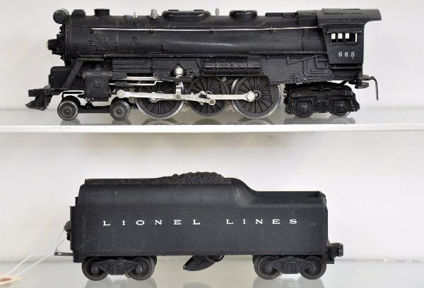 Early Lionel 665 Locomotive: Scarce rubber stamped cab lettering on loco; 2046W tender, both show light to moderate playwear, C6+