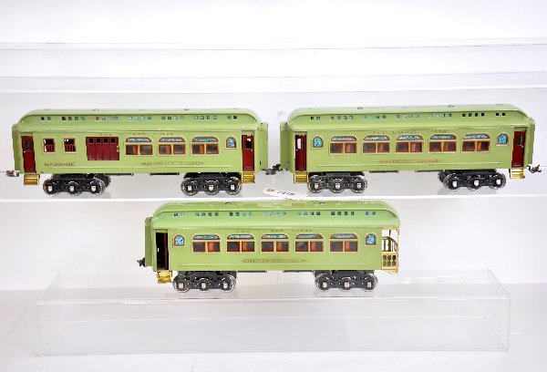 Partially Restored Lionel Passenger Cars: 419 Combine; 418 Pullman; 490 Observation, sides have been nicely relettered and cleared, roofs are pro restorations, appear C8
