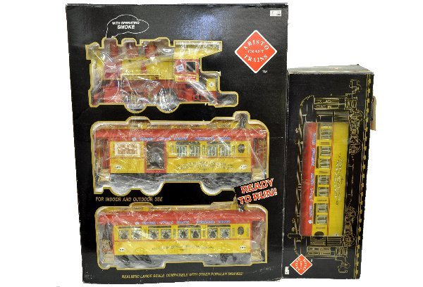 Boxed Arsito Craft UA Circus Train: G Gauge. 28126 3pc set with 0-4-0 steam loco, combine & observation, plus 31226 extension coach, all are dusty, but show light playwear, obs C8