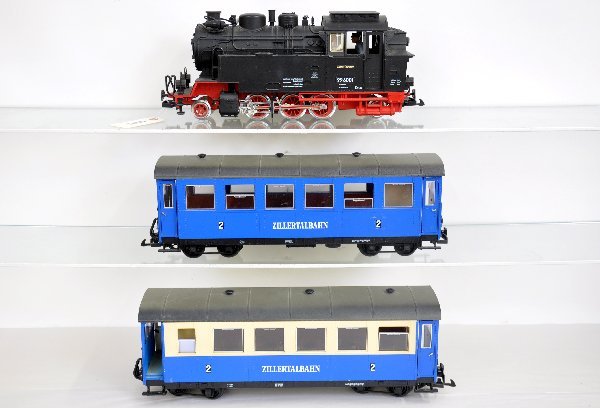 3Pc LGB Steam Passenger Set: G Gauge. 2080D 2-6-2 steam tank loco; 3163 & 3164 coaches. All are a bit dusty, but show light playwear, C8