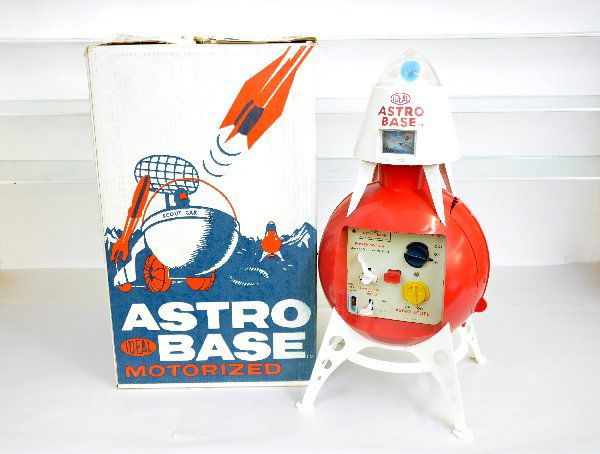 Boxed Ideal Motorized Astro Base: Main unit papers complete with clean battery box. Has space man, but missing scout car, clean with original box & 1 insert. Shows light to moderate playwear. Examine photos or call for more informatio