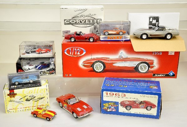 8 Boxed Corvette Toy Vehicles: Largest is a 1958 Solido 1:12 scale. Plus a 1983 AMT promo, Dinky and others. All new in boxes. Examine photos or call for more information at 203 730-1404.