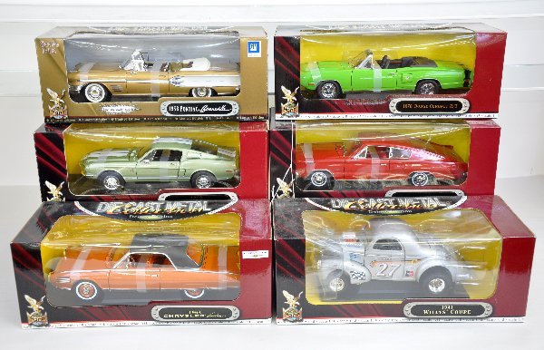 6 Boxed Signature 1:18 Scale Cars: 1956 Dodge Charger; 1941 Willys Coupe; 1958 Pontiac Bonneville; 1968 Ford Shelby GT-500KR; 1963 Chrysler Turbine; 1970 Dodge Cornet RT. All new in boxes. Examine photos or call for more information at