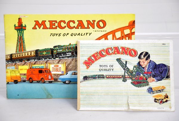 1953 & 1957 Meccano Catalogs, Dinky Toys: Scarce early catalogs showing constructor, trains and Dinky Toys, both are clean, but show some tears and wear. View photos or call for more information.