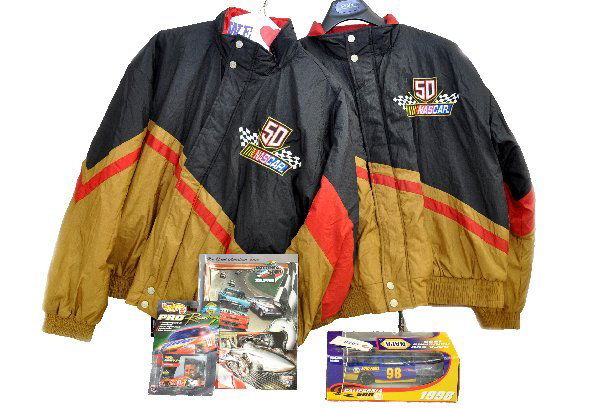 NASCAR 50th Anniversary Group: 1998 purchased at the race track. 2 Hase winter jackets, L & XL; 1:24 NAPA California 500 stock car, ob; Complete Daytona 500 souvenir packet with Rick Rudd Hot Wheels Car. Examine photos or call for