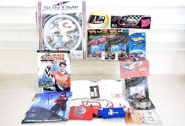 Large Group Of Racing Souvenirs: All reputed to have been purchased at the race track. Includes Dale Earnhardt clock & T-Shirt; Drink Holders, diecast cars and more. Most like new. Examine photos or call for more information 203 730-