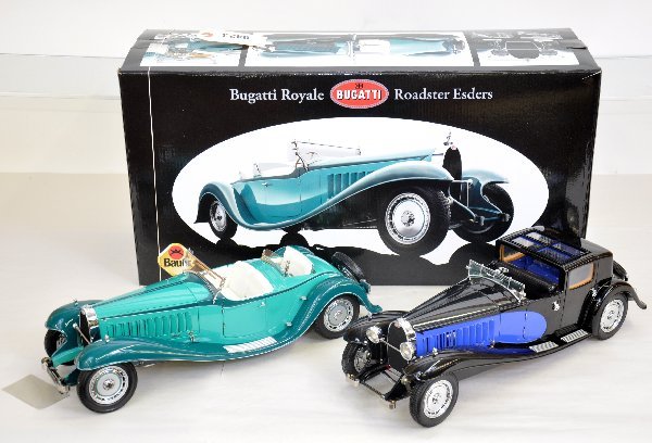 2 Bauer 1:18 Bugatti Roadsters: Boxed Royale Roadster Esders & Limousine, both are super detailed diecast models in like new condition. Examine photos or call for more information 203 730-1404. These are very delicate and may have m