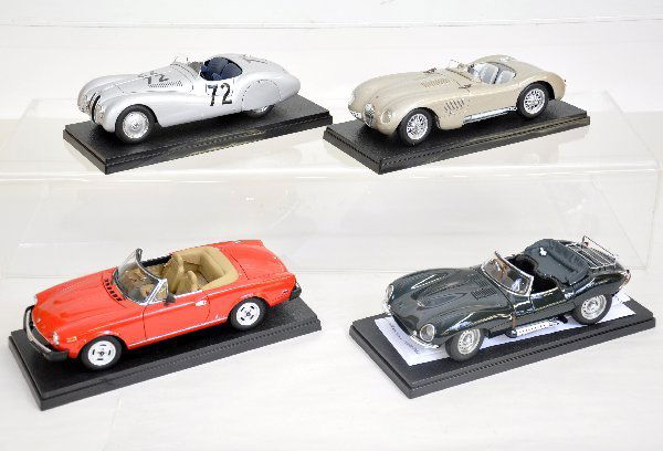 4 Auto Art 1:18 Sports Cars: All super detailed diecast models. 1940 BMW 328; Jaguar CT; Fiat 124 Spider; 1956 Jaguar SK SS. All appear like new with plastic display cases. Examine photos or call for more information 203 730-1404
