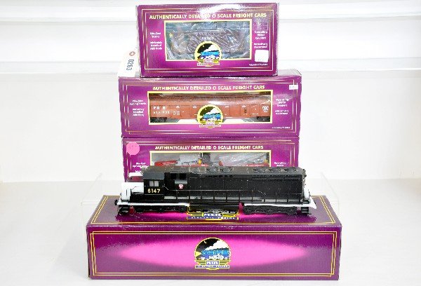 4Pc MTH PRR Diesel Freight Set: MT-2100LP SD-45 diesel with dual motors & ProtoSounds 1; 98015 gondola; 98587 flat with boats; 91225 N6b caboose with operating signal man. All test run with original boxes, C9