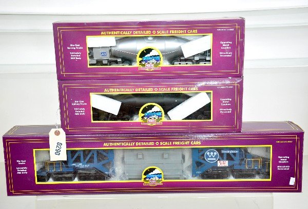 3 MTH Premier Freight Cars: 20-98232 Westinghouse Schnabel flat car; 98201 & 02 black & silver hot metal cars. All are like new with boxes, C9