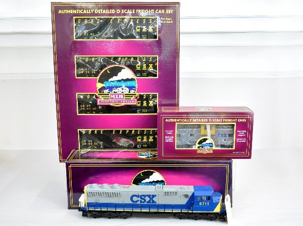 MTH CSX Diesel Hopper Train Set: 8711 SD60M diesel with ProtoSounds 1; 20-97034 CSX 4-pack hopper cars; 20-91061 extended vision caboose. All like new with boxes, C9