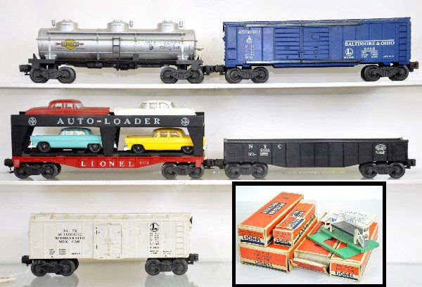5 Boxed Lionel Freight Cars: 3472 milk car with platform; 6414 auto-loader; 6462 gondola; 6415 tank car; 6468 boxcar, all have original boxes, some taped, all show light to moderate playwear, C7-7+