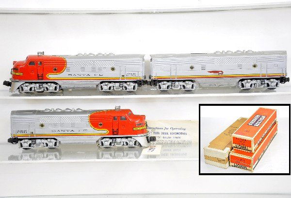 Boxed Lionel 2343 SF ABA Diesels: Fairly clean with original port hole lenses, nice decals with a clean battery box. All show light to moderate playwear with worn original boxes, C7