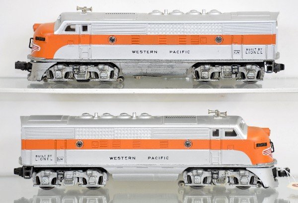 Restored Lionel 2355 WP F3 AA Diesels: Number boards are 2345, shells are nice restorations, frames show moderate playwear.