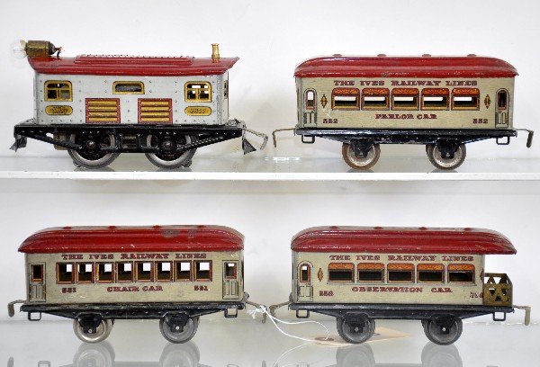 Nice Ives White Owl Set: 3258 Boxcab electric, clean & bright, C7; 551 chair car; 552 parlor car; 558 observation. Cars show moderate playwear, C6