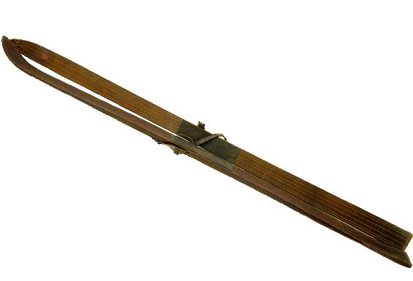 Early Ski-Master Cross Country Skis: 77" long with leather straps. Painted and carved yellow pine. Great for display. Examine photos or call for more information 203 730-1404.