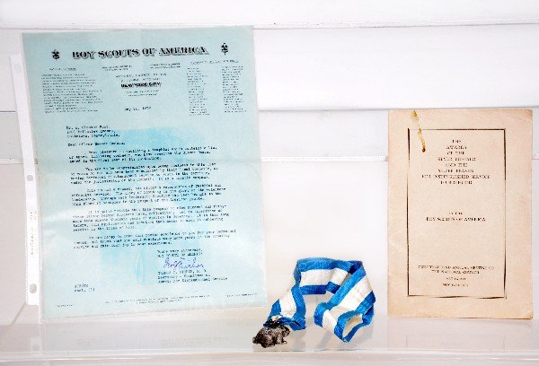 1932 Boy Scout Award: This unusual lot includes a Silver Beaver Scout award with providence stating that this is the first presentation of this award in 1932. The cast award has its original ribbon and box as well as the l