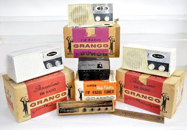 4 Boxed Deco Emerson Radios, Plus: Model T-300 ebony FM; 2 Model SC-3 stereo radios, gray version is new in box; model 703 AM&FM, all have original boxes, 3 have inserts, All Untested; Philco radio adjusting tool in wood box. Examine p