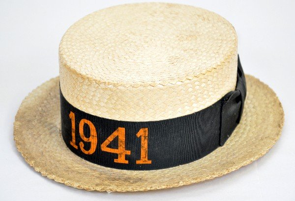 Scarce New Years Costume Straw Hat: Dated 1941 and actually survived the 60 years intact. 11 1/2" X 10 1/2 X 4", shows some soiling, but a scarce artifact to have. Examine photos closely or call for more information, 203 730-1404