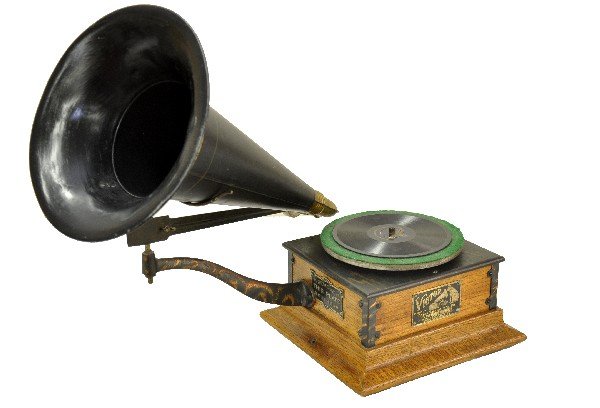 Scarce Early Victor Type R Victrola: Serial 1872S, circa 1905. 10" square oak base with 9 1/2" speaker horn. Has nice hand painting on metal parts and platter base. Functions with record. Examine photos closely or call for more informati