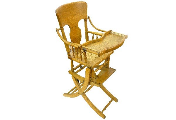 Victorian Style Crank-Up High Chair: Oak, solid construction, High chair that cracks down to a rocker. Clean & functional. Examine photos closely or call for more information, 203 730-1404.