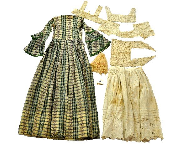 Vintage Clothing Lot: Fresh from an estate, this lot contains an early handmade unlined sun dress, long slip with hand tatted designs, several collars, some lace and a bonnet. Some have some staining from use, but all are 