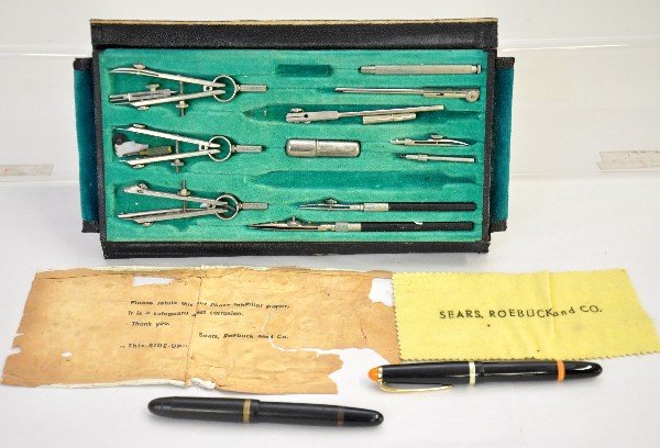 Early Drafting Tools: Includes a partial Tower (Sears, Roebuck and Company) (Germany) drafting set, missing part of the compass,Includes 2 rapidiogragh pens. All show signs of age. Examine photos closely or call for more i