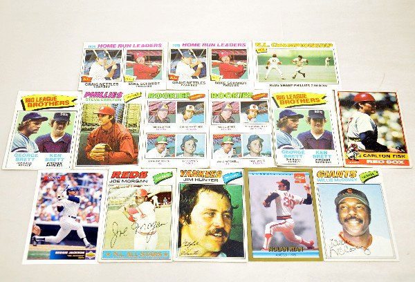 1976 & 1977 Topps Baseball Cards: Includes Reggie Jackson; George & Ken Brett; Joe Morgan; Jim Hunter; Steve Carlton; Pete Rose NLCS; Nettles/Schmidt cards; 1977 Rookies cards & 1992 Nolan Ryan, plus others. Examine photos or call for
