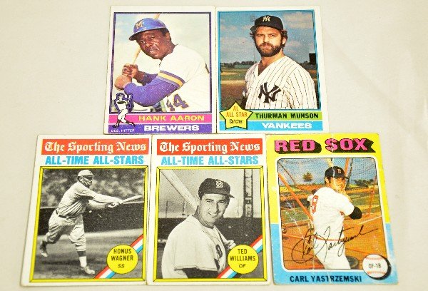 1975 & 1976 Topps Baseball Cards: Includes 347 Ted Williams; Carl Yastrzemski, creased; Thurman Munson; 550 Hank Aaron, off center; 344 Honus Wagner. Otherwise all show signs of use with some soft corners, but clean. Examine photos or