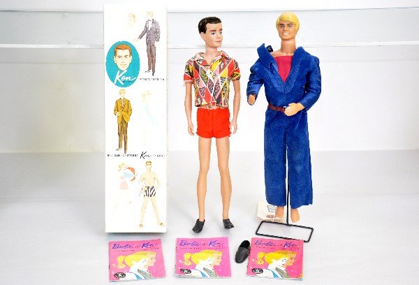 Early Barbie Ken Dolls: Boxed Model #750 brunette, dated 1960, has flocked hair which shows some wear, all else is clean with insert & 3 pamphlets; Later mod Ken, made in Hong Kong, dated 1968, missing 1 shoe, but clean with