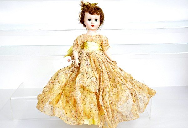 Early Maggie Face Revlon Style Doll: 1940s fashion doll in the Revlon Style, but not marked and has flat style feet, 15" with original clothes. Shows light to moderate playwear. Examine photos closely or call for more information, 203 73