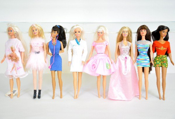 8 Vintage Barbie Dolls: Circa 1970s-80s. All Patented 1966, marked made in China or Indonesia. All are clean & original, but may be missing some accessories. Examine photos closely or call for more information, 203 730-1404